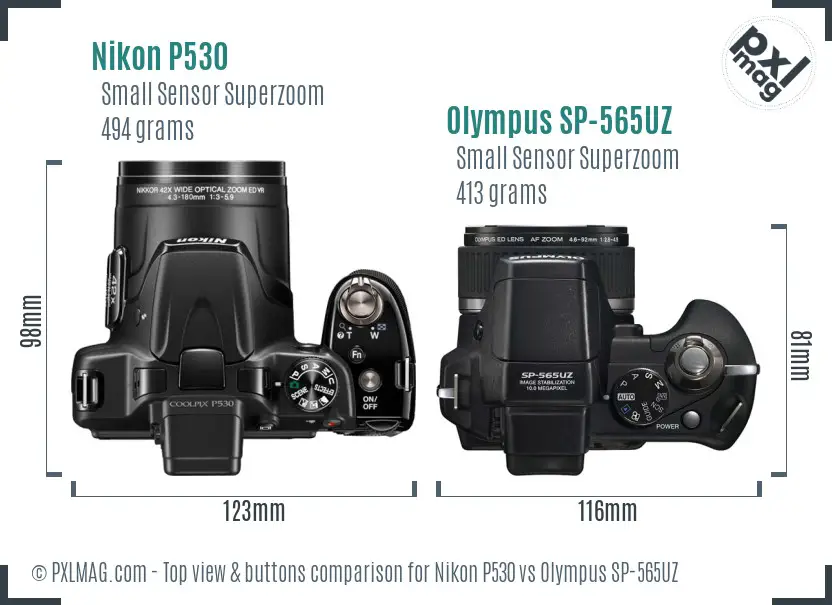 Nikon P530 vs Olympus SP-565UZ top view buttons comparison Nikon P530 vs Olympus SP-565UZ top view buttons comparison