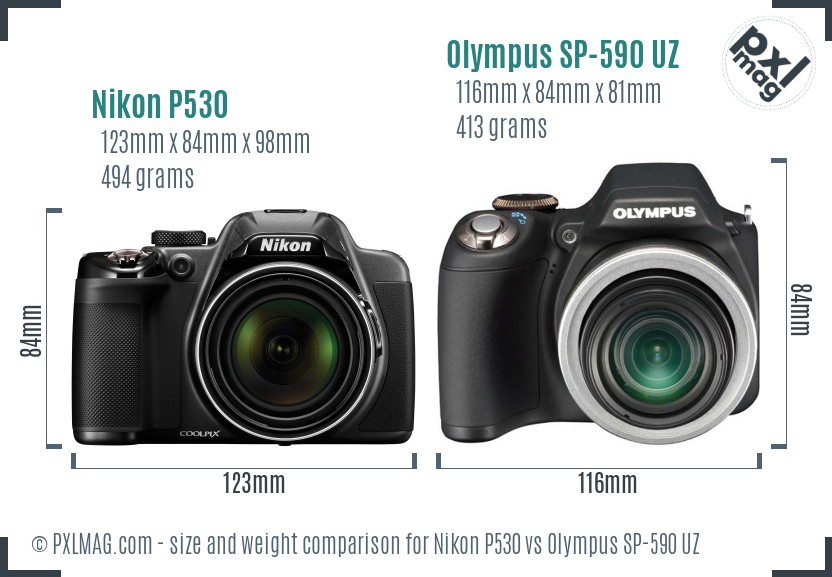 Nikon P530 vs Olympus SP-590 UZ size comparison Nikon P530 vs Olympus SP-590 UZ size comparison