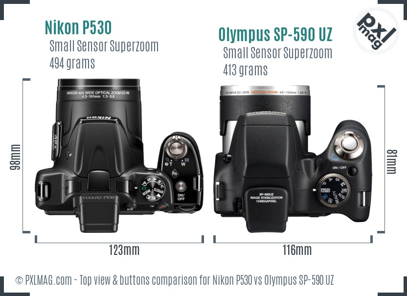 Nikon P530 vs Olympus SP-590 UZ top view buttons comparison