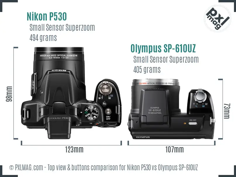 Nikon P530 vs Olympus SP-610UZ top view buttons comparison