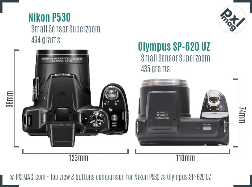 Nikon P530 vs Olympus SP-620 UZ top view buttons comparison