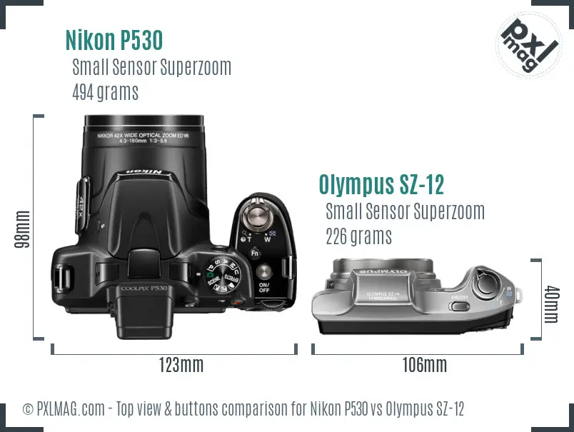 Nikon P530 vs Olympus SZ-12 top view buttons comparison