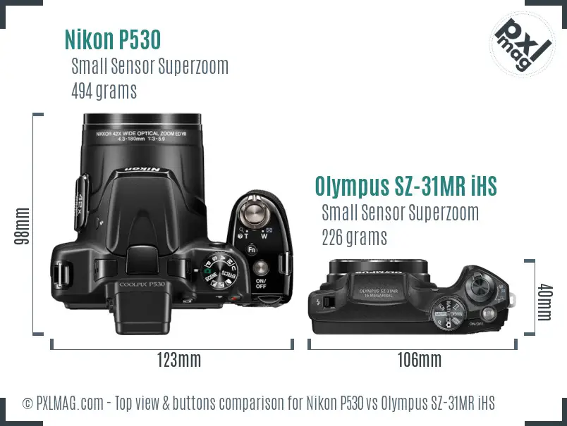 Nikon P530 vs Olympus SZ-31MR iHS top view buttons comparison Nikon P530 vs Olympus SZ-31MR iHS top view buttons comparison