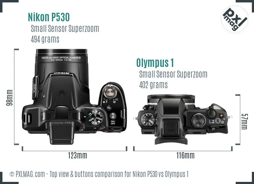 Nikon P530 vs Olympus 1 top view buttons comparison