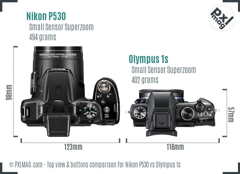 Nikon P530 vs Olympus 1s top view buttons comparison