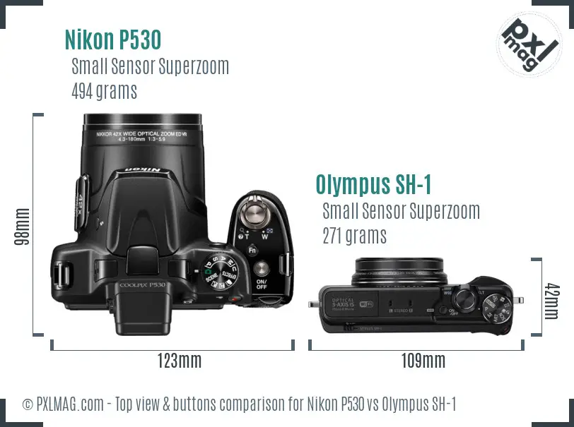 Nikon P530 vs Olympus SH-1 top view buttons comparison