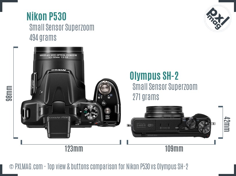 Nikon P530 vs Olympus SH-2 top view buttons comparison