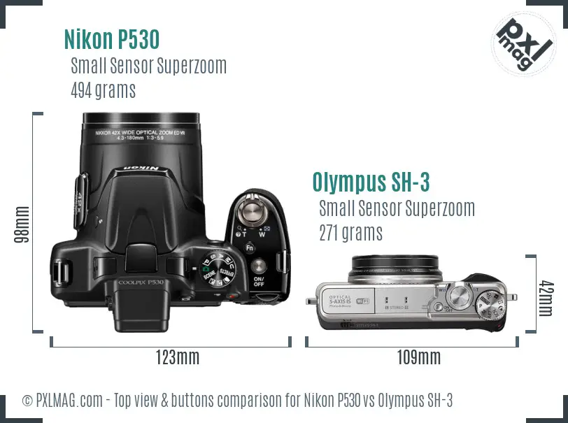 Nikon P530 vs Olympus SH-3 top view buttons comparison