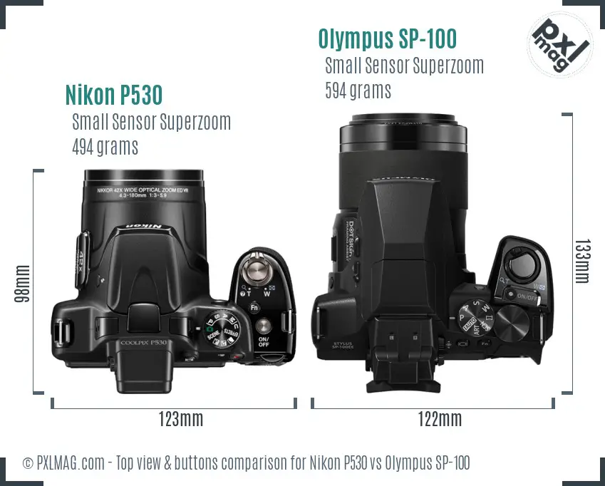 Nikon P530 vs Olympus SP-100 top view buttons comparison