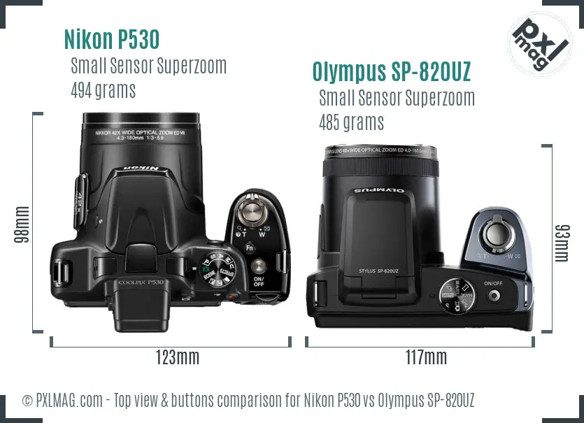 Nikon P530 vs Olympus SP-820UZ top view buttons comparison