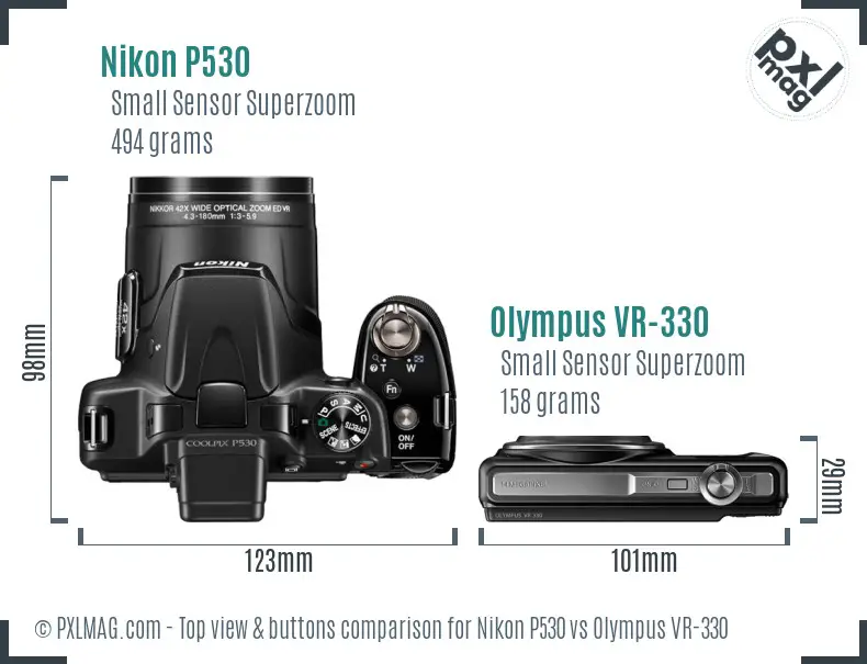Nikon P530 vs Olympus VR-330 top view buttons comparison Nikon P530 vs Olympus VR-330 top view buttons comparison