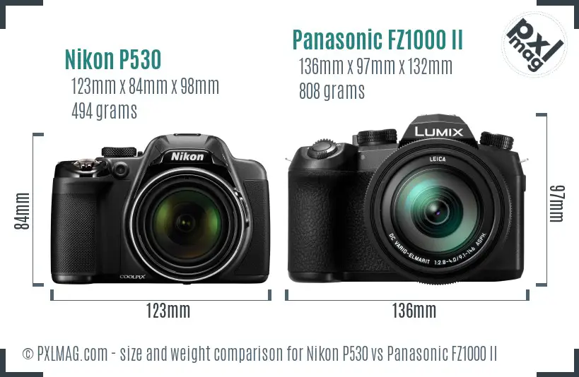 Nikon P530 vs Panasonic FZ1000 II size comparison