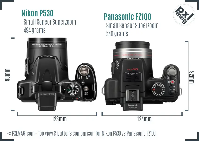 Nikon P530 vs Panasonic FZ100 top view buttons comparison