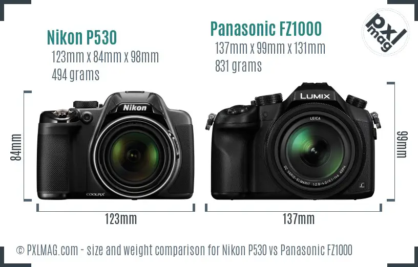 Nikon P530 vs Panasonic FZ1000 size comparison