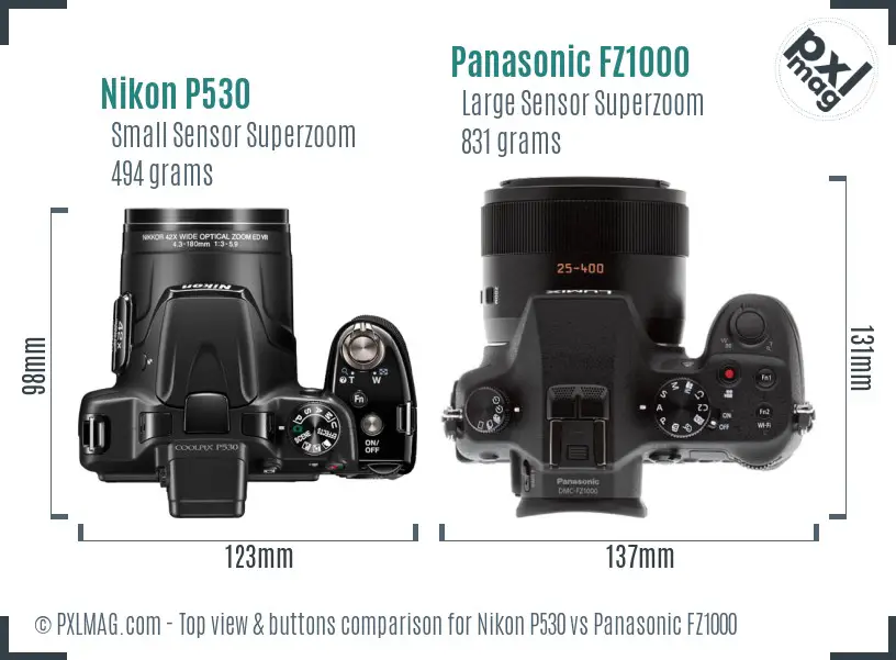Nikon P530 vs Panasonic FZ1000 top view buttons comparison