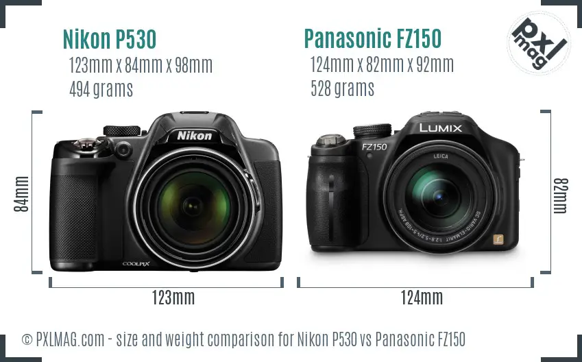 Nikon P530 vs Panasonic FZ150 size comparison