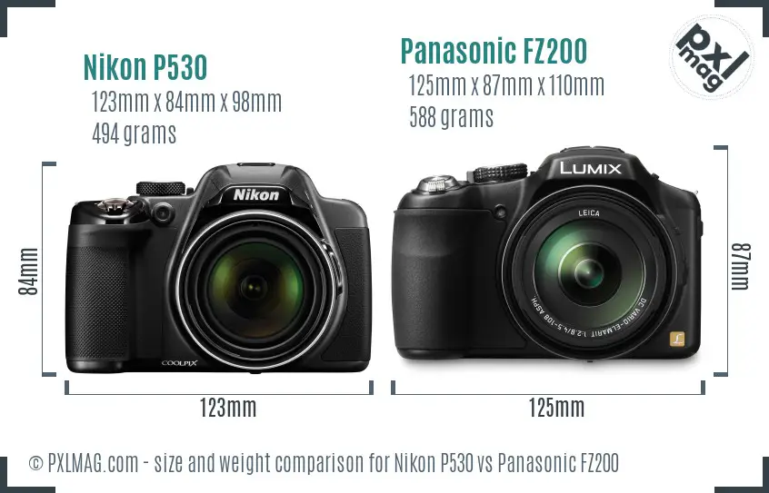 Nikon P530 vs Panasonic FZ200 size comparison