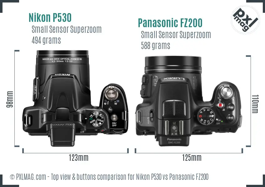 Nikon P530 vs Panasonic FZ200 top view buttons comparison
