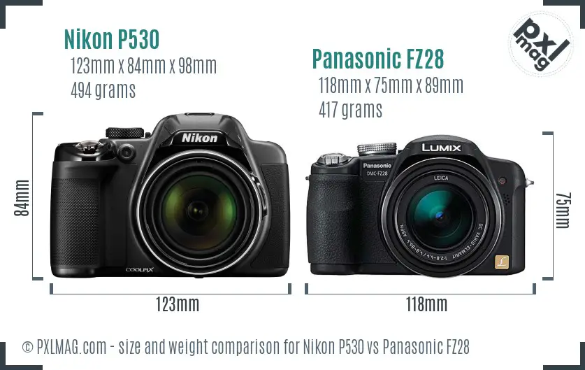 Nikon P530 vs Panasonic FZ28 size comparison Nikon P530 vs Panasonic FZ28 size comparison