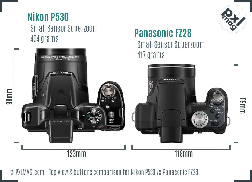 Nikon P530 vs Panasonic FZ28 top view buttons comparison