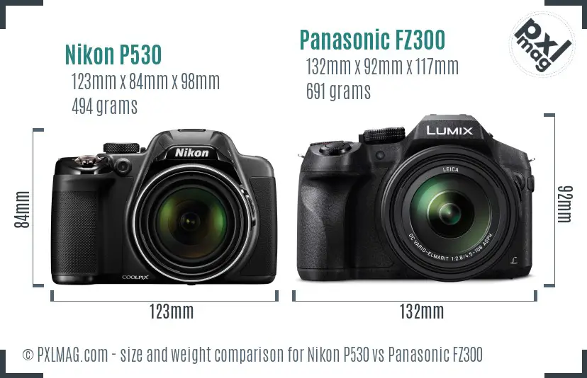 Nikon P530 vs Panasonic FZ300 size comparison