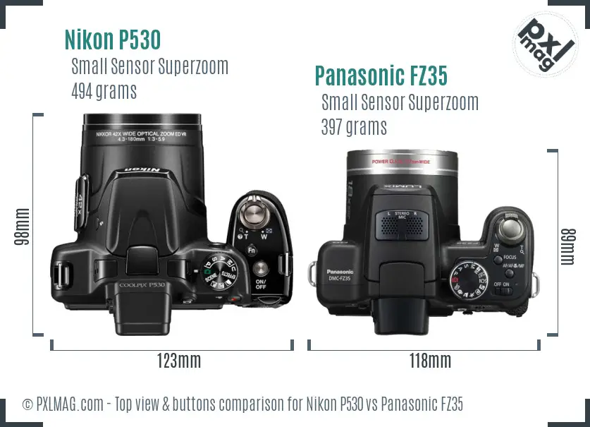 Nikon P530 vs Panasonic FZ35 top view buttons comparison