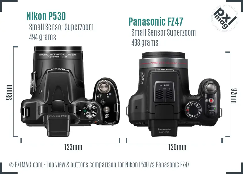 Nikon P530 vs Panasonic FZ47 top view buttons comparison