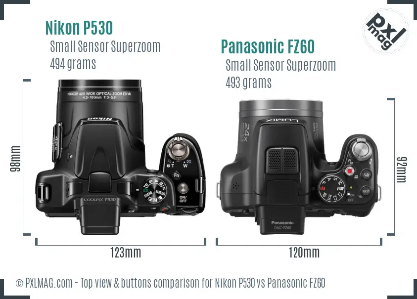 Nikon P530 vs Panasonic FZ60 top view buttons comparison