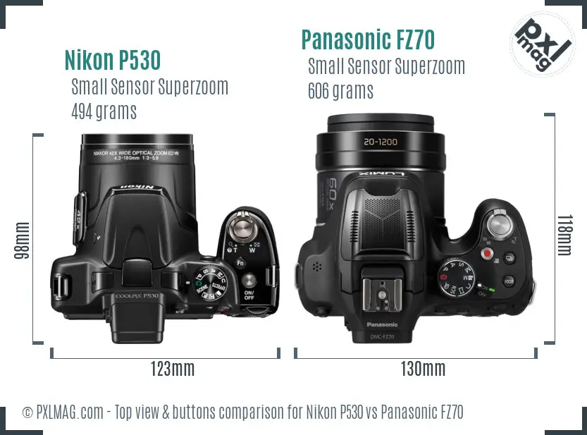 Nikon P530 vs Panasonic FZ70 top view buttons comparison Nikon P530 vs Panasonic FZ70 top view buttons comparison