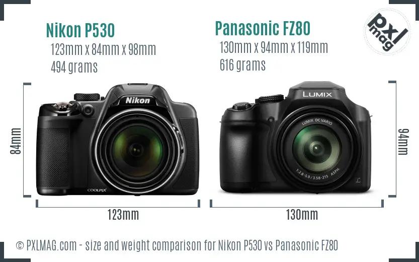 Nikon P530 vs Panasonic FZ80 size comparison