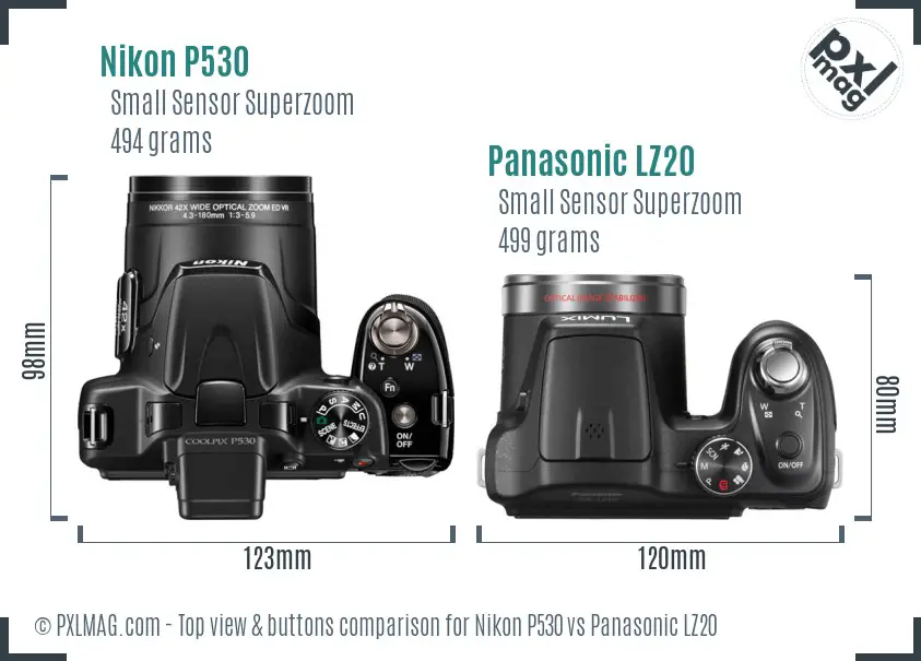 Nikon P530 vs Panasonic LZ20 top view buttons comparison