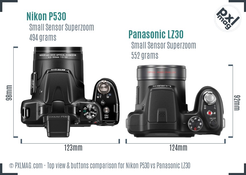 Nikon P530 vs Panasonic LZ30 top view buttons comparison