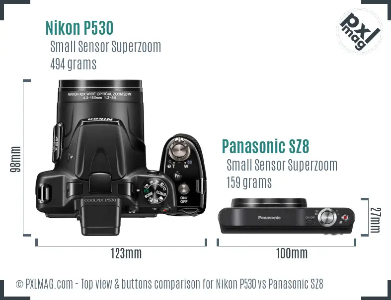 Nikon P530 vs Panasonic SZ8 top view buttons comparison