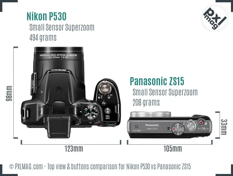 Nikon P530 vs Panasonic ZS15 top view buttons comparison