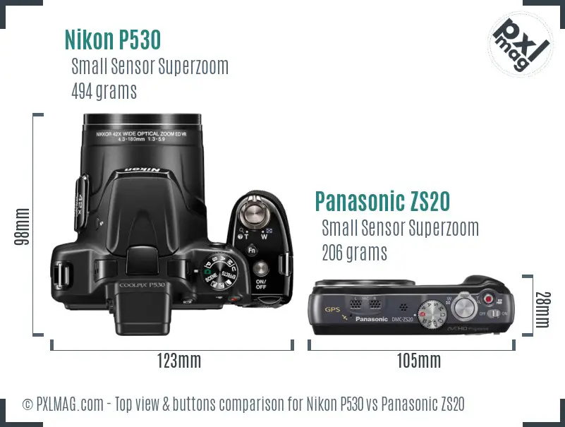 Nikon P530 vs Panasonic ZS20 top view buttons comparison