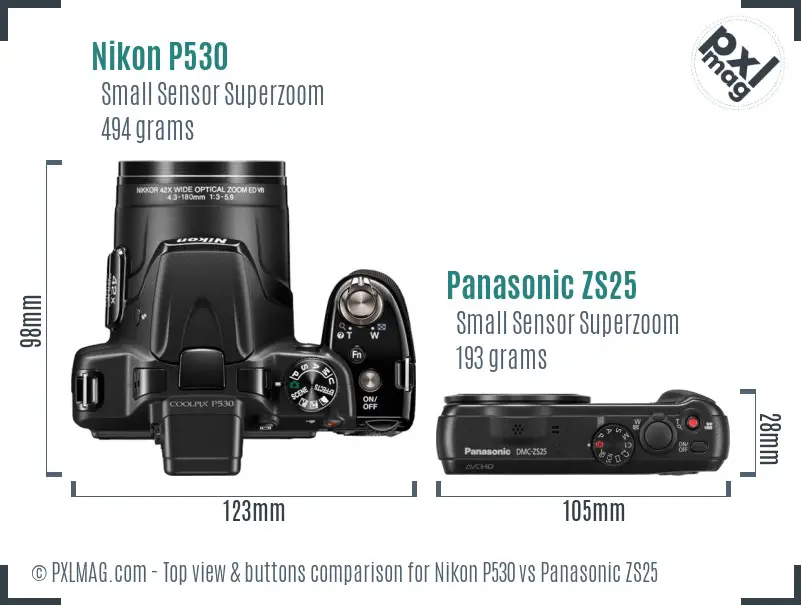 Nikon P530 vs Panasonic ZS25 top view buttons comparison