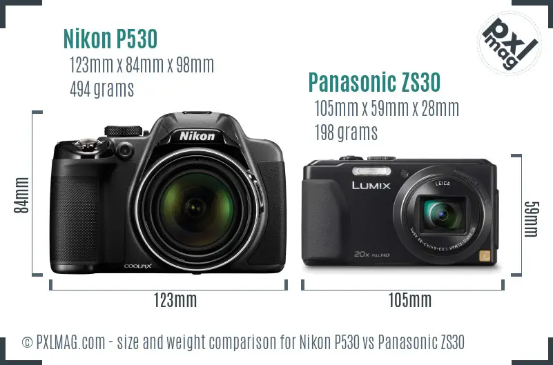 Nikon P530 vs Panasonic ZS30 size comparison