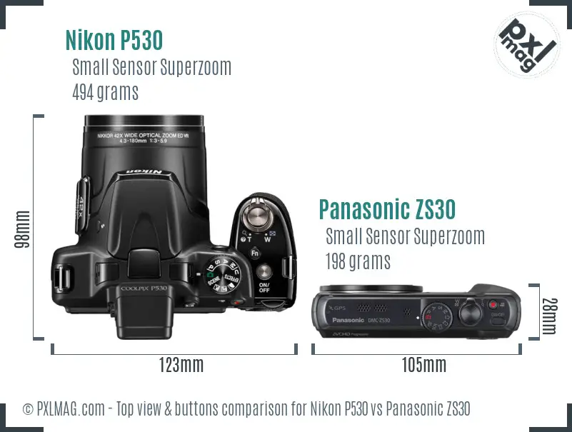 Nikon P530 vs Panasonic ZS30 top view buttons comparison