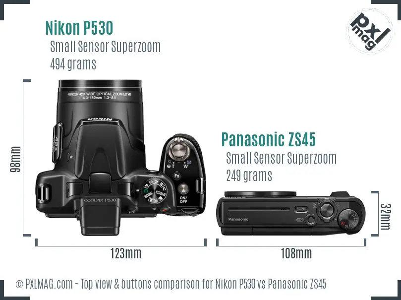 Nikon P530 vs Panasonic ZS45 top view buttons comparison