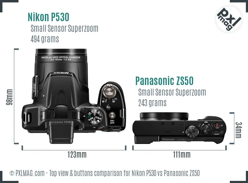 Nikon P530 vs Panasonic ZS50 top view buttons comparison Nikon P530 vs Panasonic ZS50 top view buttons comparison
