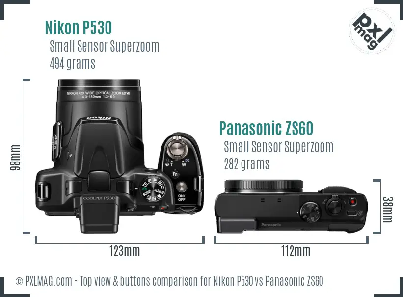Nikon P530 vs Panasonic ZS60 top view buttons comparison
