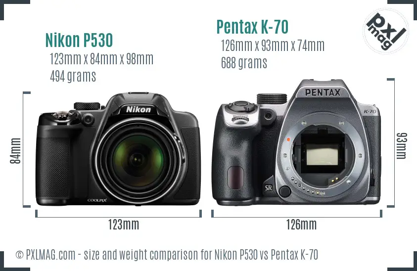 Nikon P530 vs Pentax K-70 size comparison