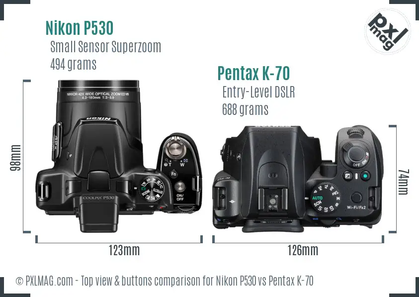 Nikon P530 vs Pentax K-70 top view buttons comparison