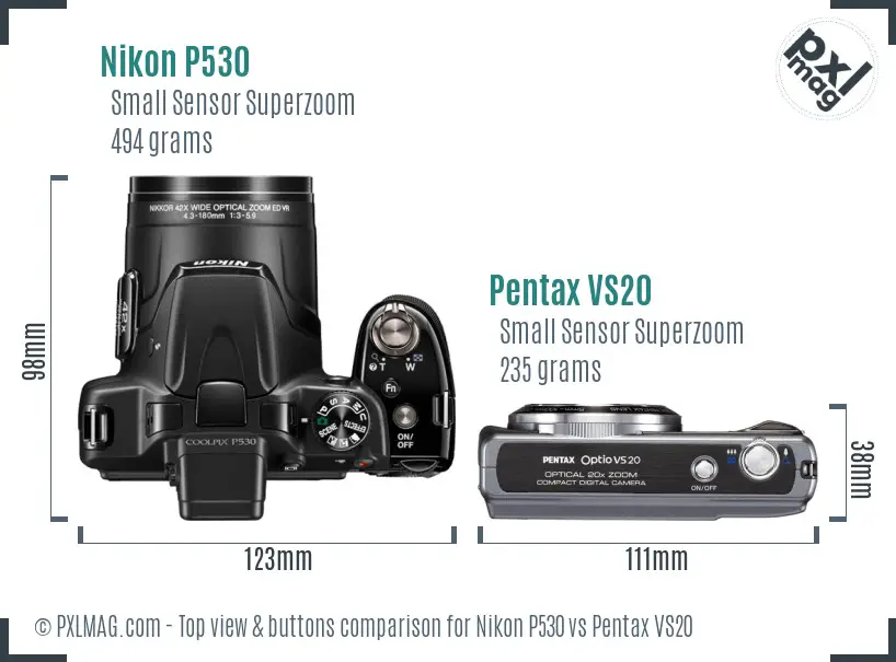 Nikon P530 vs Pentax VS20 top view buttons comparison Nikon P530 vs Pentax VS20 top view buttons comparison