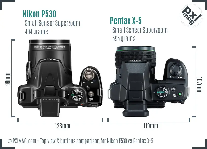 Nikon P530 vs Pentax X-5 top view buttons comparison