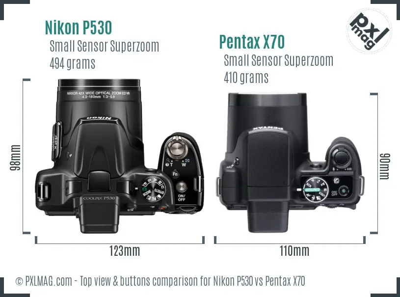 Nikon P530 vs Pentax X70 top view buttons comparison