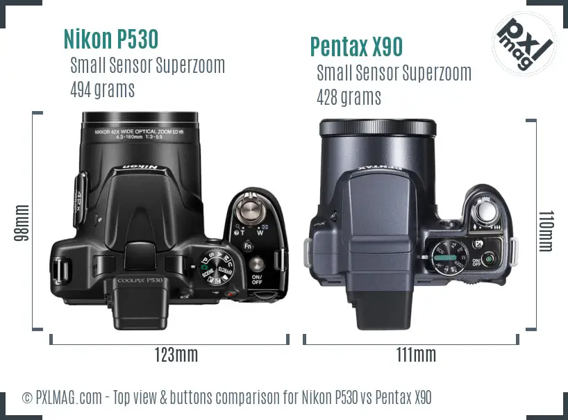 Nikon P530 vs Pentax X90 top view buttons comparison