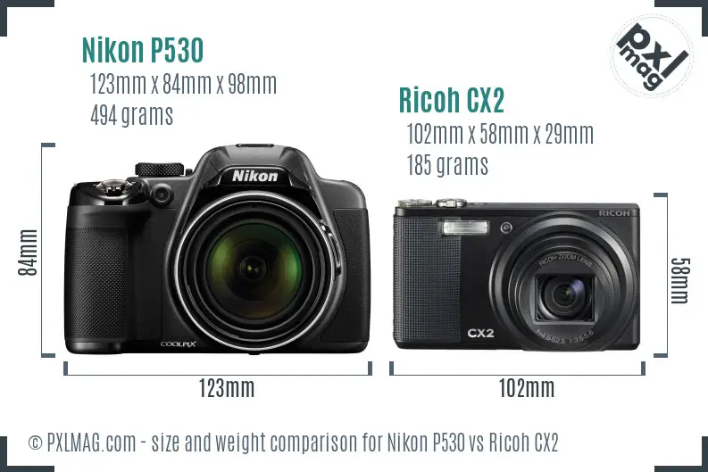 Nikon P530 vs Ricoh CX2 size comparison