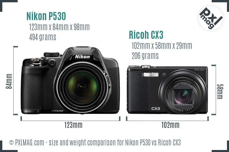 Nikon P530 vs Ricoh CX3 size comparison