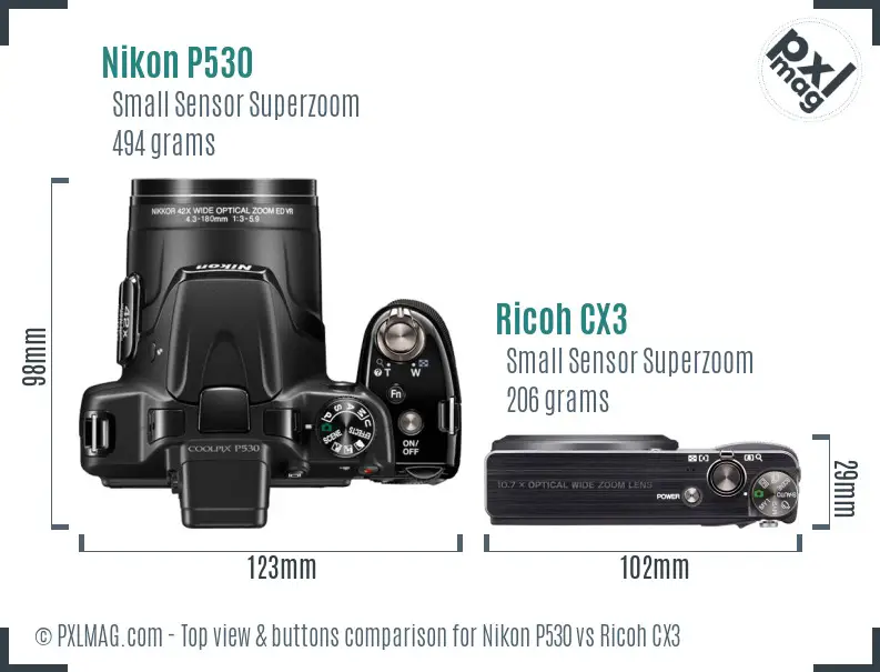 Nikon P530 vs Ricoh CX3 top view buttons comparison